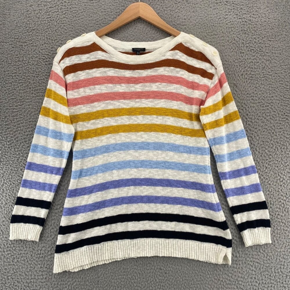 Talbots Sweater Womens Medium Petite White Multi Stripe Slub Knit Button Accent